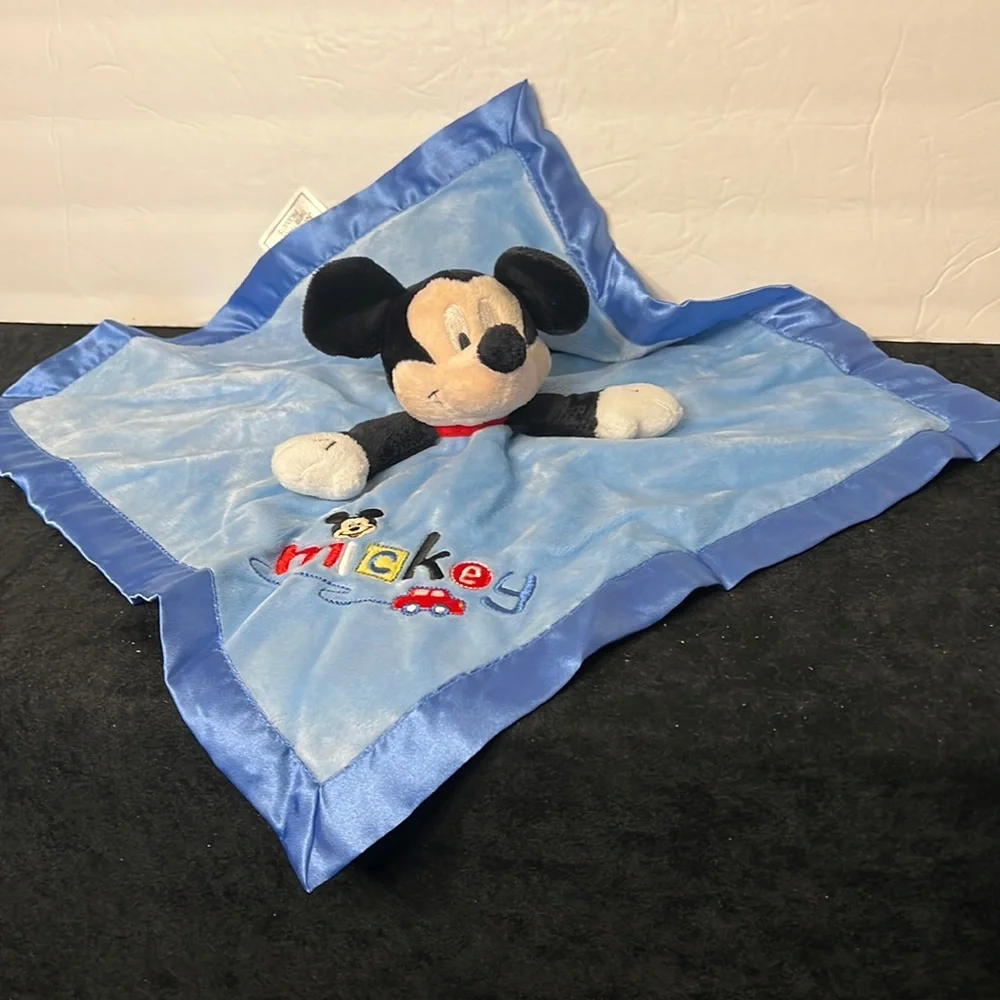 Disney Baby Lovey Security Blanket Plush Rattle Mickey Mouse Blue Car Satin Blue - Picture 1 of 7